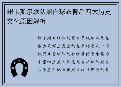 纽卡斯尔联队黑白球衣背后四大历史文化原因解析